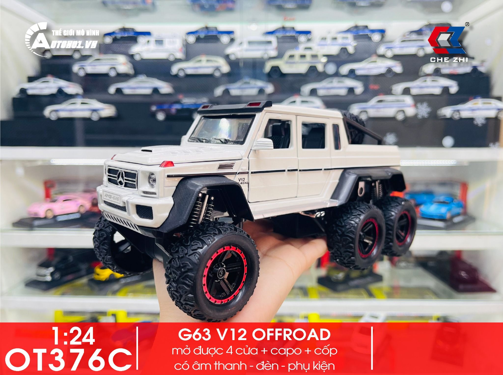 Mô hình xe ô tô Mercedes-Benz G63 V12 Off Road 6x6 full open tỉ lệ 1:22 Chezhi OT376