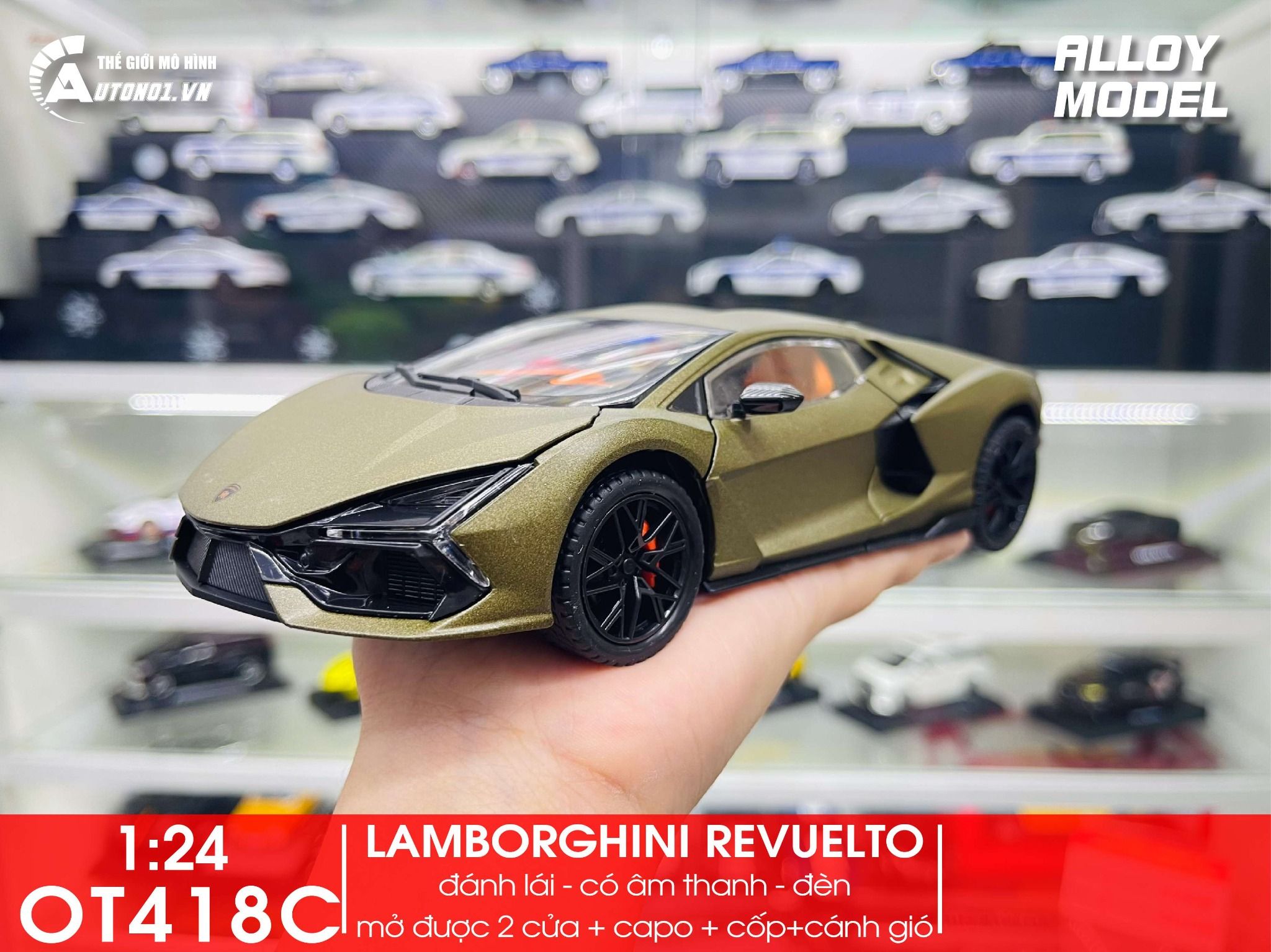 Mô hình Lamborghini Revuelto có đèn-đánh lái được-mở full cửa-full kính tỉ lệ 1:24 Alloy Model OT418