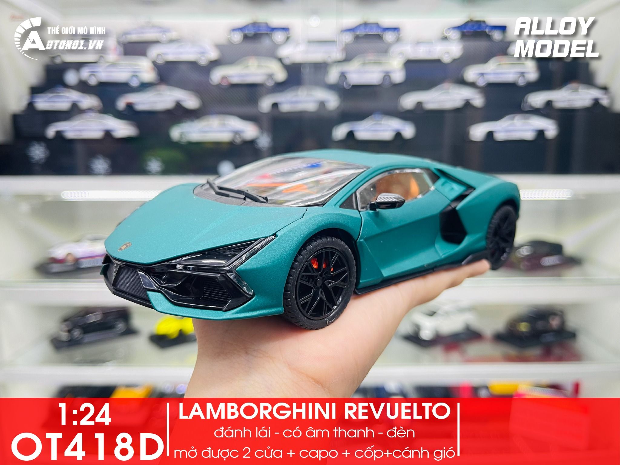 Mô hình Lamborghini Revuelto có đèn-đánh lái được-mở full cửa-full kính tỉ lệ 1:24 Alloy Model OT418