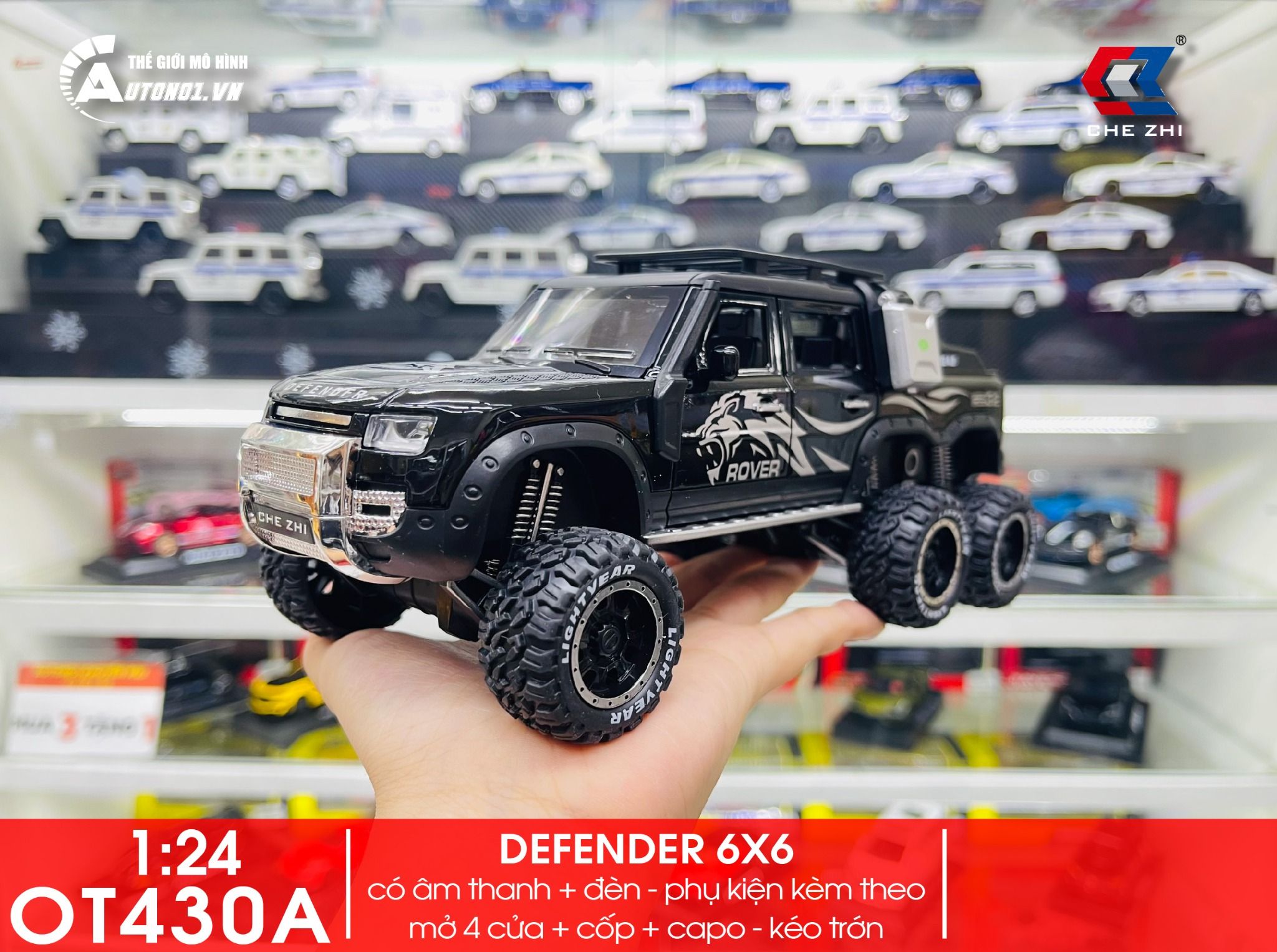 Mô hình xe Land Rover Defender 6x6 Offroad có đèn có âm thanh tỉ lệ 1:24 Chezhi OT430