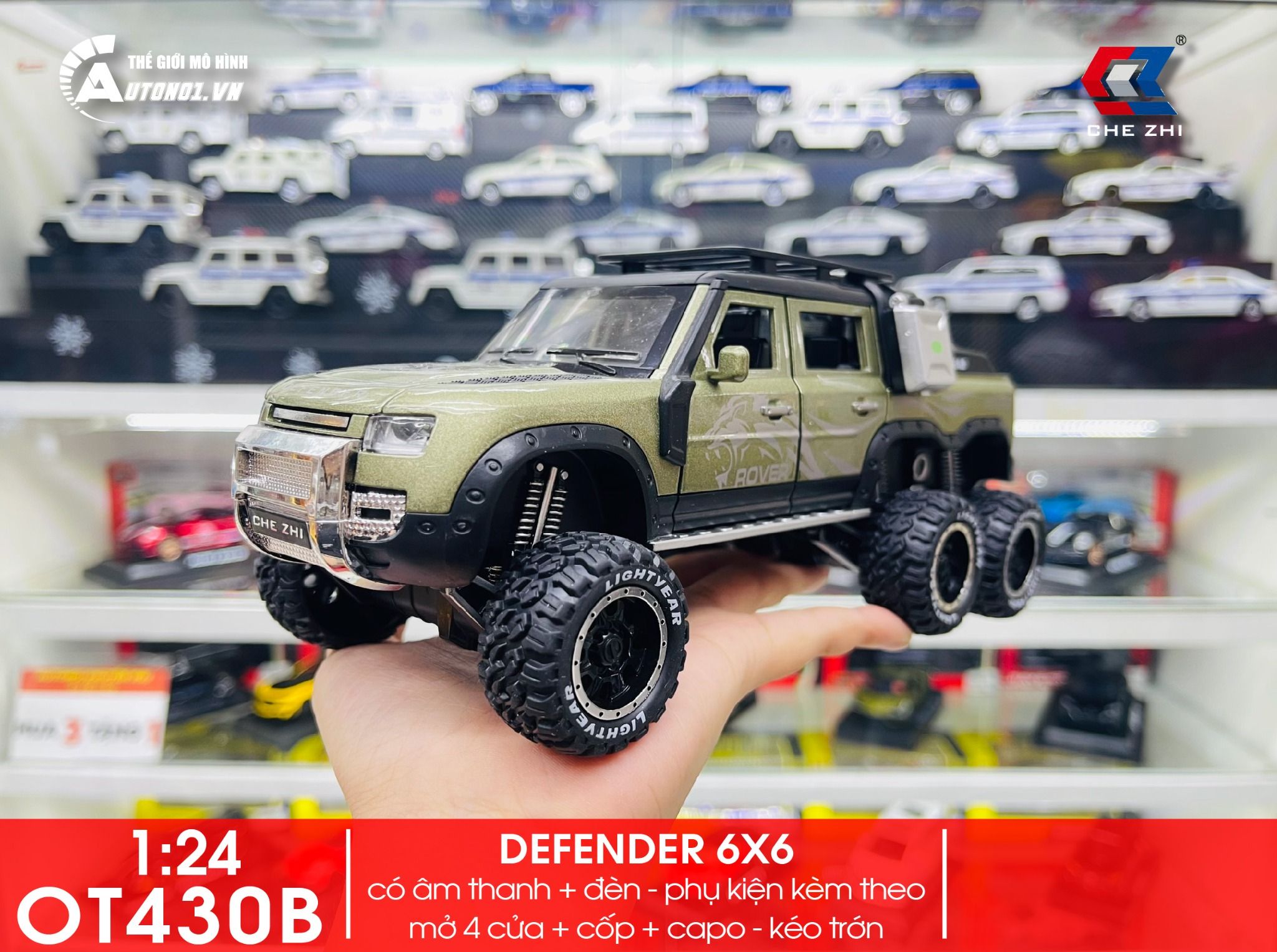 Mô hình xe Land Rover Defender 6x6 Offroad có đèn có âm thanh tỉ lệ 1:24 Chezhi OT430
