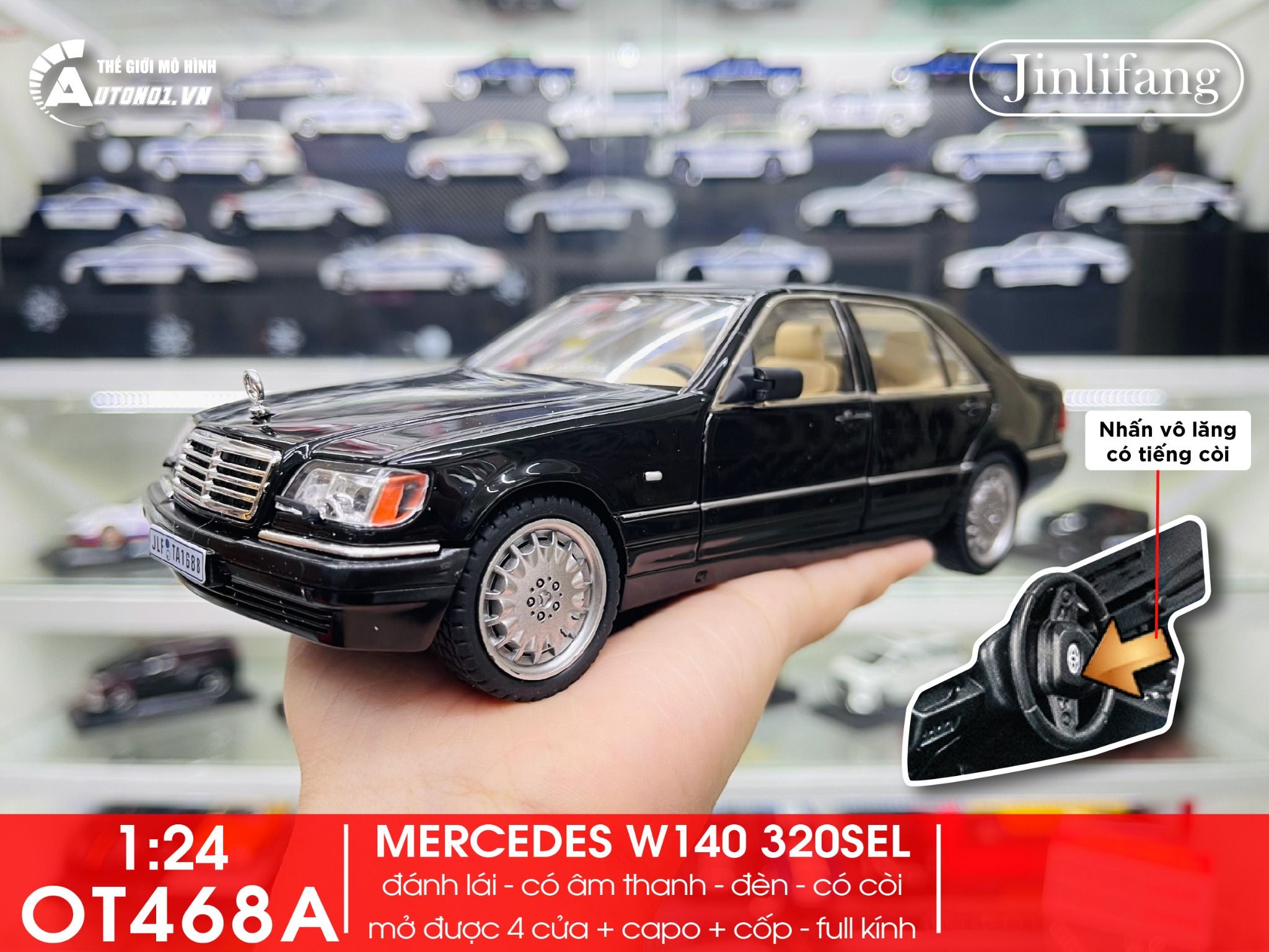 Mô hình xe cổ Mercedes-Benz W140 320SEL full open - full kính - đánh lái được - có đèn và âm thanh tỉ lệ 1:24 Jinlifang OT468