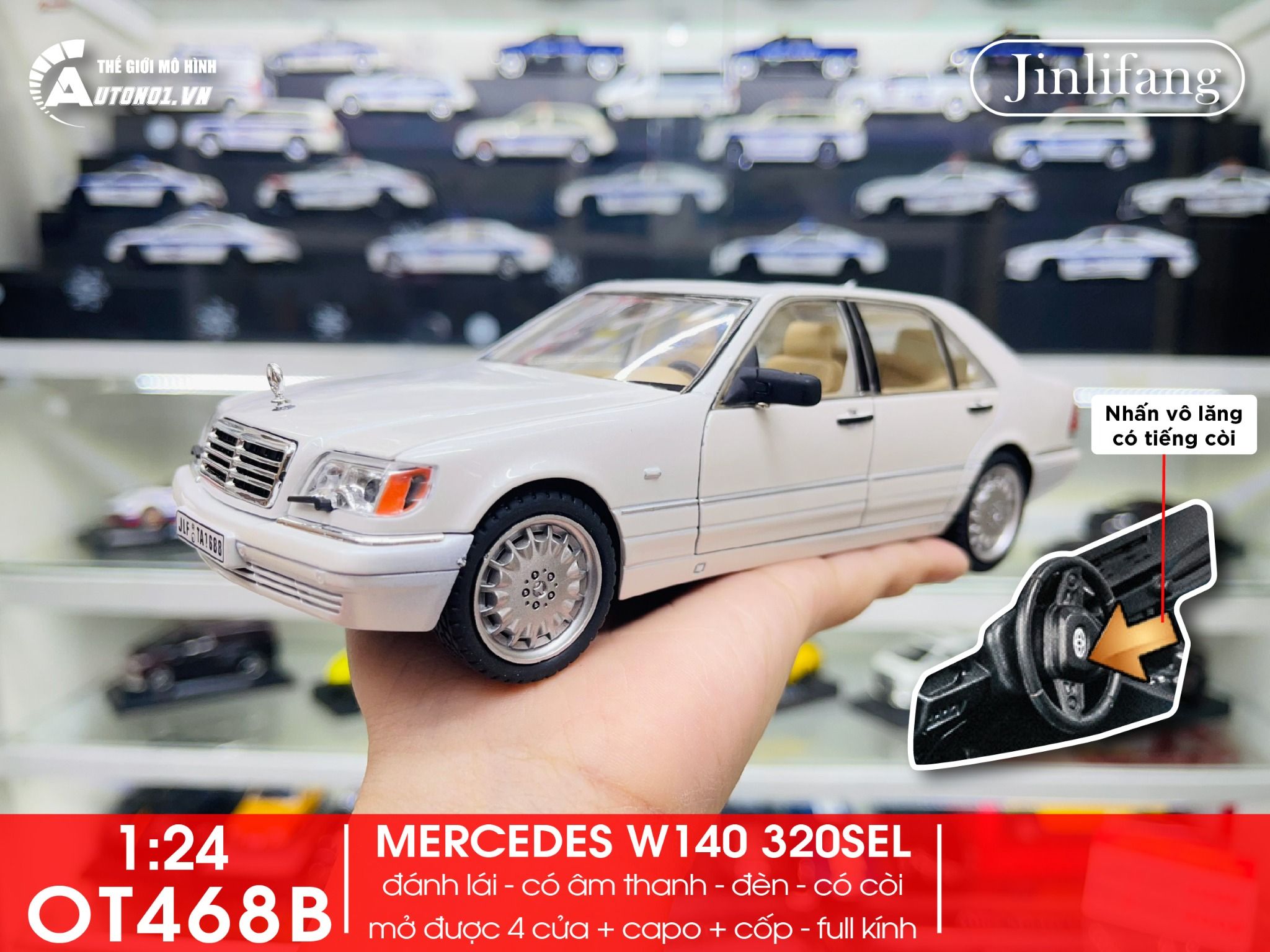 Mô hình xe cổ Mercedes-Benz W140 320SEL full open - full kính - đánh lái được - có đèn và âm thanh tỉ lệ 1:24 Jinlifang OT468