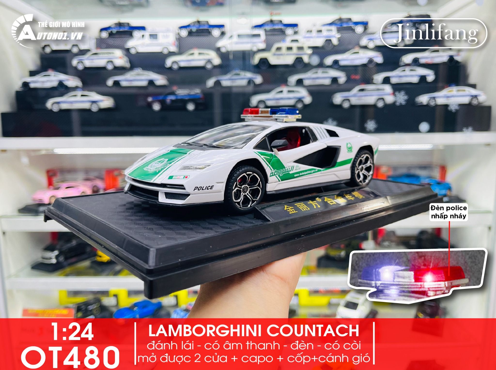 Mô hình xe Lamborghini Countach LPI800-4 police Dubai đánh lái được tỉ lệ 1:24 Jinlifang OT480