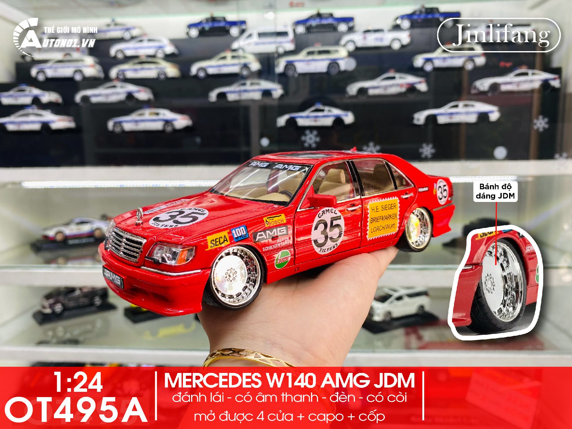 Mô hình xe Mercedes-Benz W140 - 300SEL JDM AMG race full open - full kính - có âm thanh - đèn tỉ lệ 1:24 Jinlifang OT495