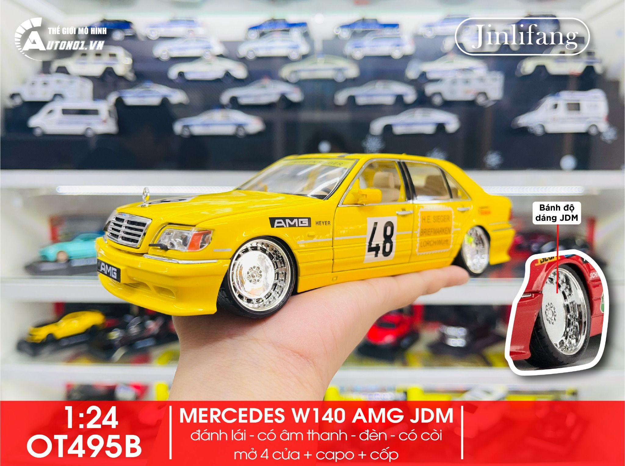 Mô hình xe Mercedes-Benz W140 - 300SEL JDM AMG race full open - full kính - có âm thanh - đèn tỉ lệ 1:24 Jinlifang OT495