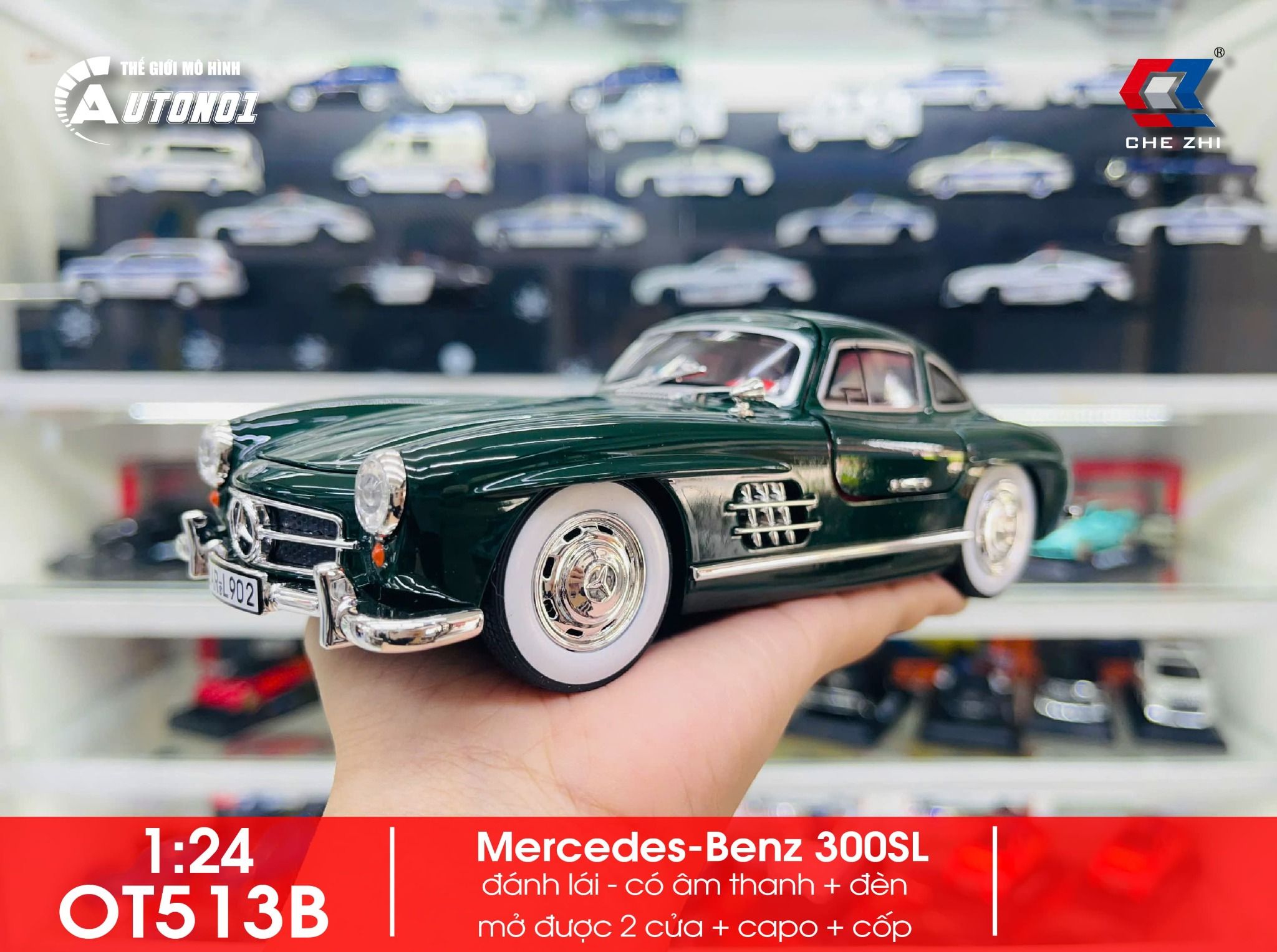 Mô hình xe Mercedes-Benz 300SL full open có đèn có âm thanh đánh lái được tỉ lệ 1:24 Chezhi OT513
