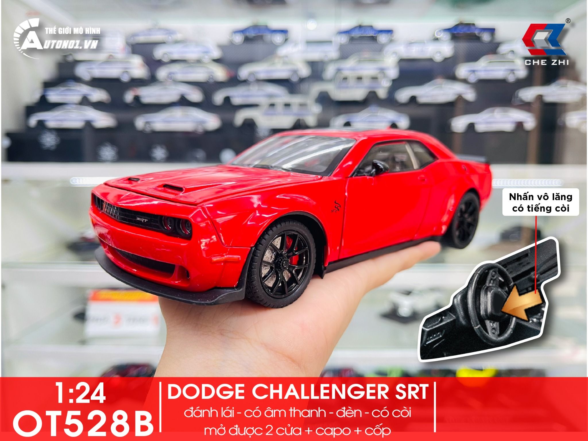 Mô hình xe Dodge Challenger SRT full open - có đèn - âm thanh tỉ lệ 1:24 Chezhi OT528