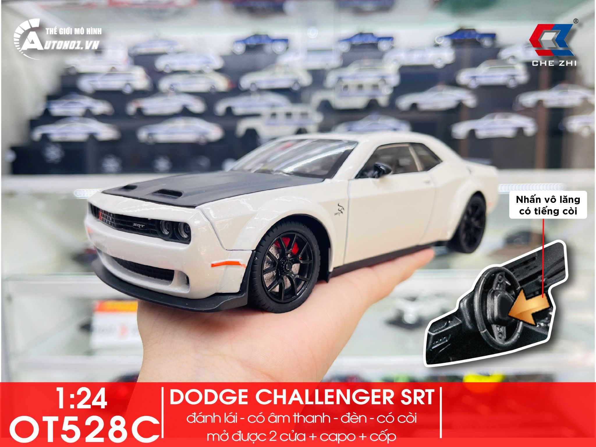 Mô hình xe Dodge Challenger SRT full open - có đèn - âm thanh tỉ lệ 1:24 Chezhi OT528