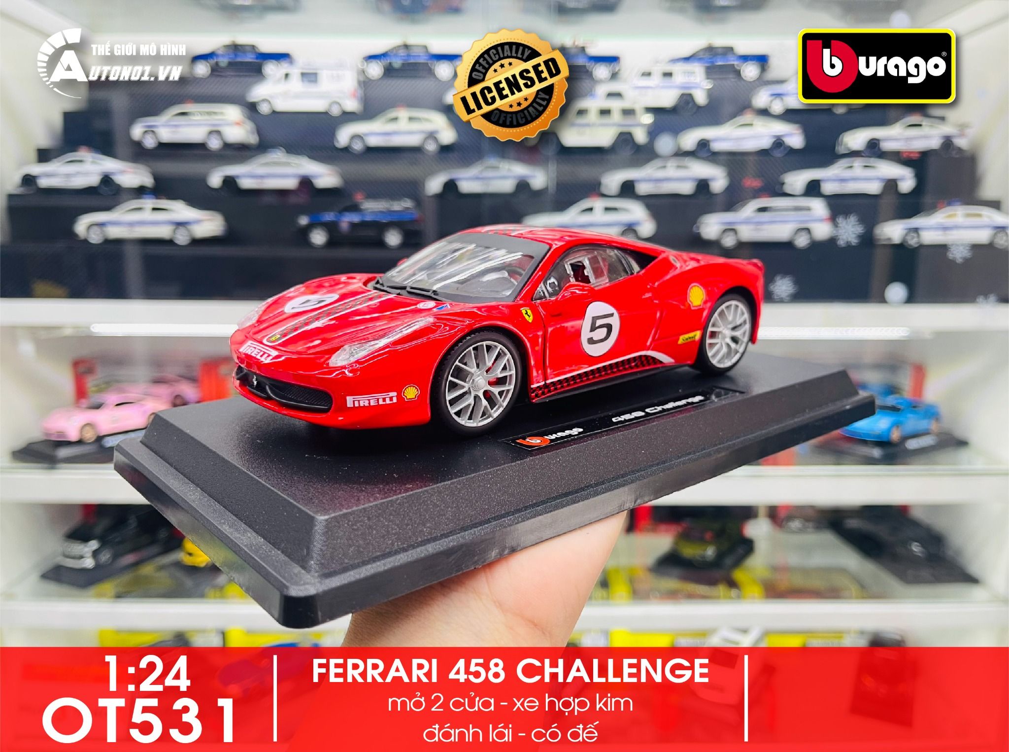 Mô hình xe ô tô Ferrari 458 Challenge full open - full kính tỉ lệ 1:24 Bburago OT531