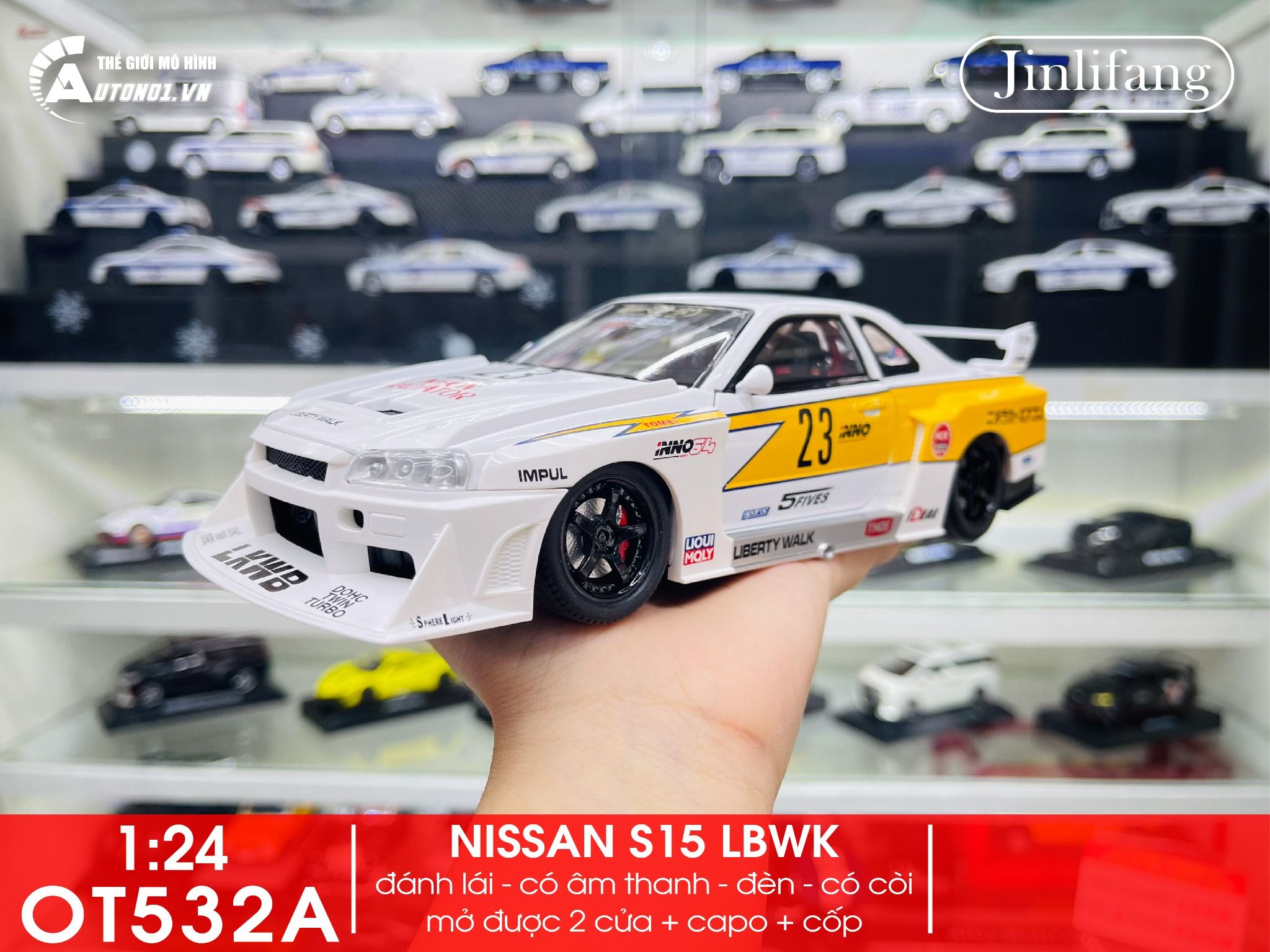 Mô hình xe Nissan S15 Skyline GTR LBWK full open - đánh lái - có đèn - âm thanh tỉ lệ 1:24 Jinlifang OT532