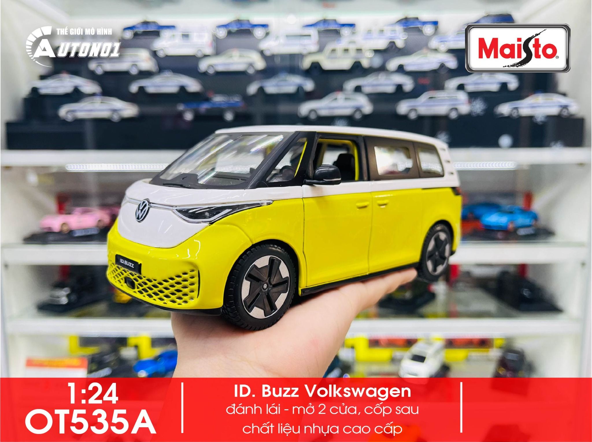 Mô hình xe ô tô điện ID. Buzz Volkswagen mở 2 cửa và cốp sau tỉ lệ 1:24 Maisto OT535