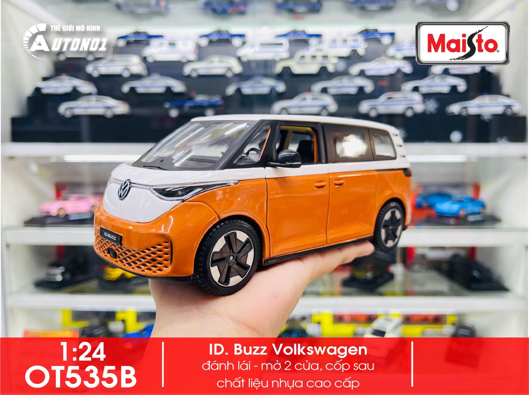 Mô hình xe ô tô điện ID. Buzz Volkswagen mở 2 cửa và cốp sau tỉ lệ 1:24 Maisto OT535