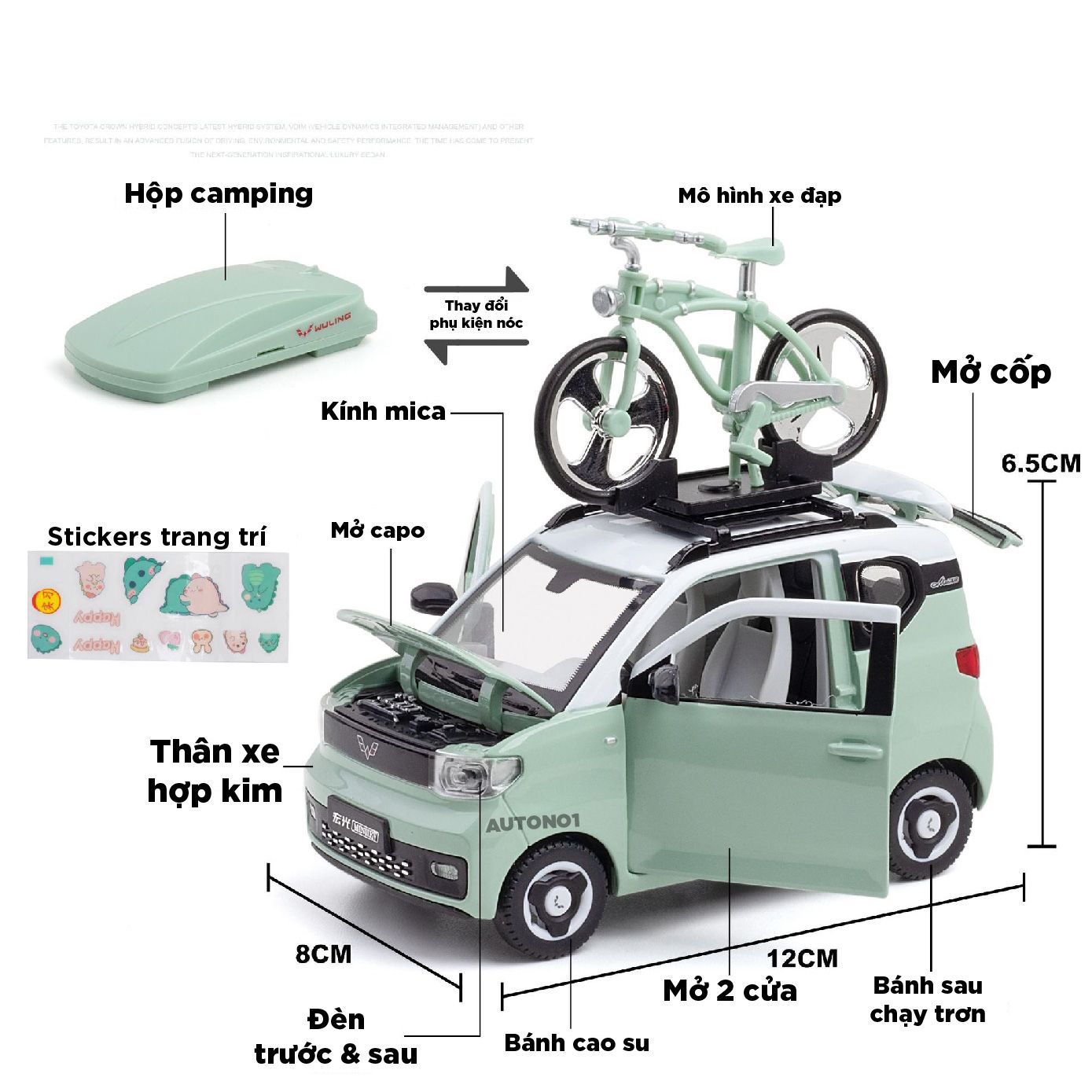 Mô hình xe Wuling Hongguang Mini EV full open - kèm phụ kiện tỉ lệ 1:24 Chezhi OT582