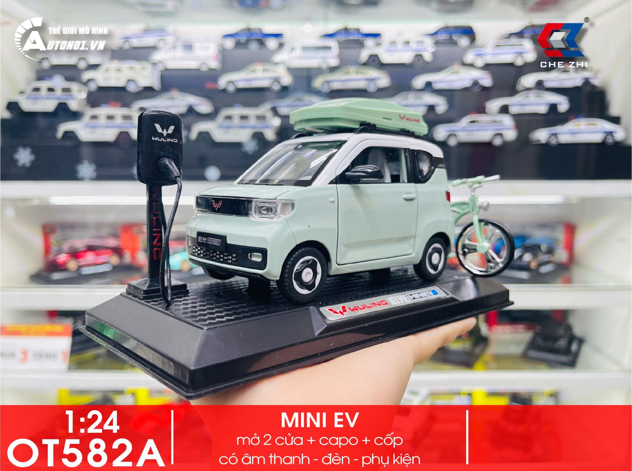 Mô hình xe Wuling Hongguang Mini EV full open - kèm phụ kiện tỉ lệ 1:24 Chezhi OT582