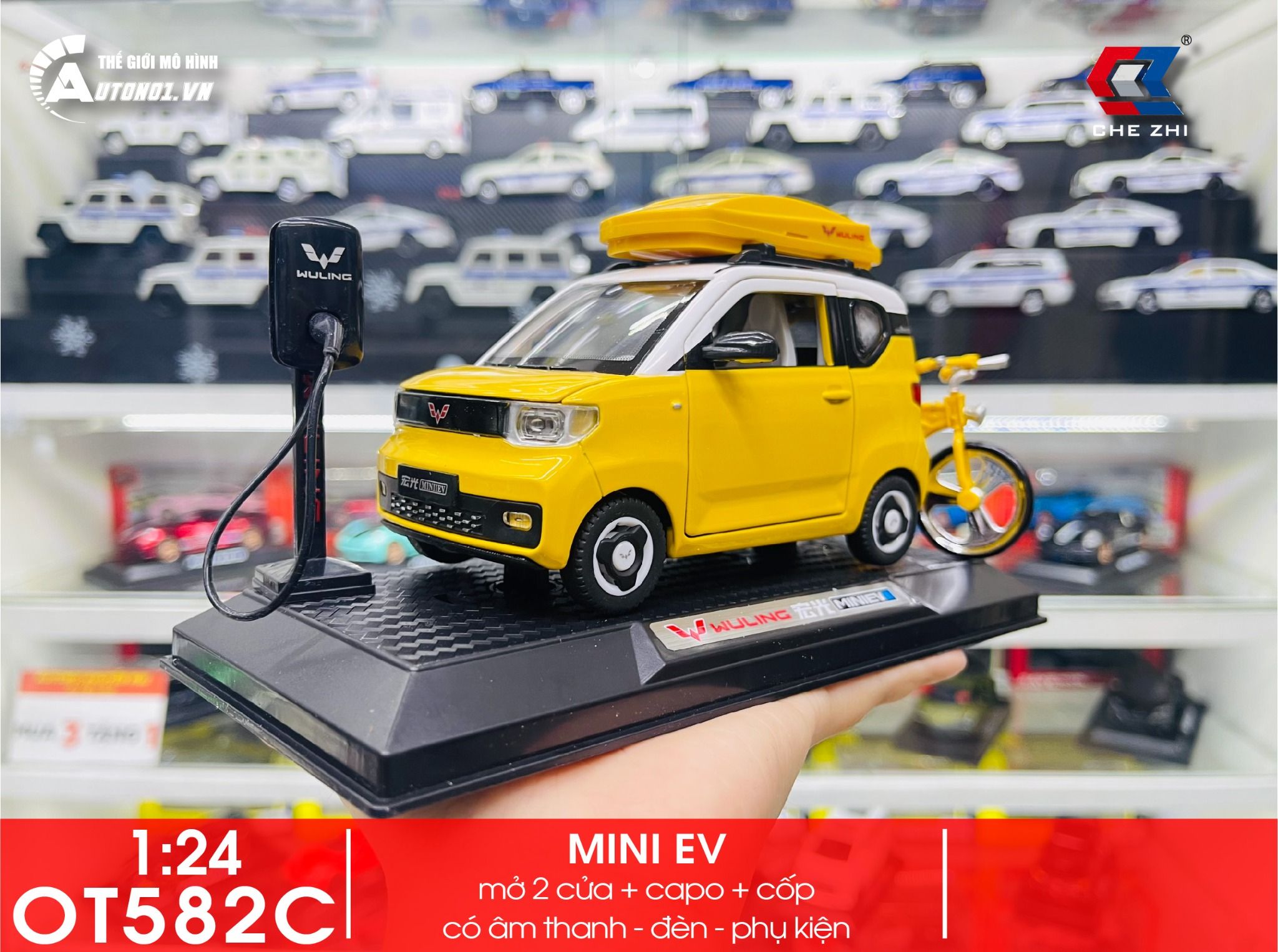 Mô hình xe Wuling Hongguang Mini EV full open - kèm phụ kiện tỉ lệ 1:24 Chezhi OT582