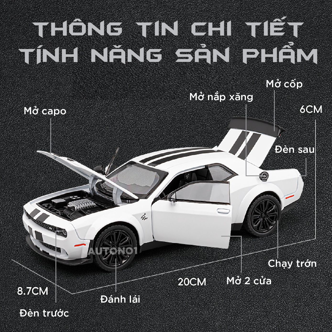Mô hình xe Dodge Challenger Hellcat full open - có đèn - âm thanh tỉ lệ 1:22 Jiaye model OT584