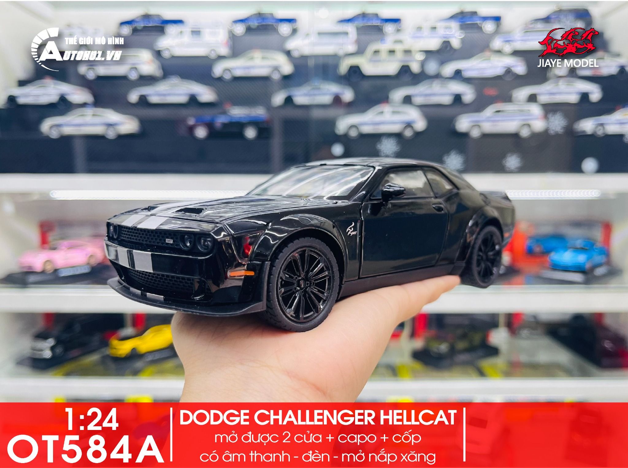 Mô hình xe Dodge Challenger Hellcat full open - có đèn - âm thanh tỉ lệ 1:22 Jiaye model OT584