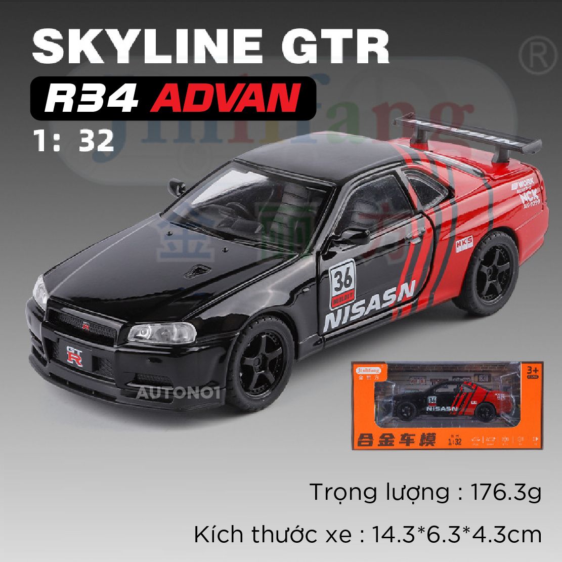 Mô hình xe Nissan GT-R R34 phiên bản racing full open tỉ lệ 1:32 JinliFang OT589