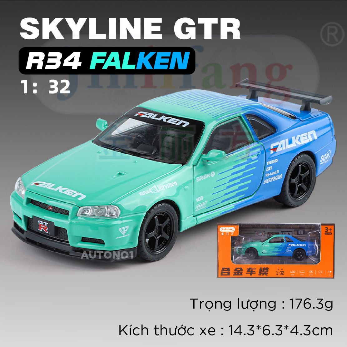 Mô hình xe Nissan GT-R R34 phiên bản racing full open tỉ lệ 1:32 JinliFang OT589