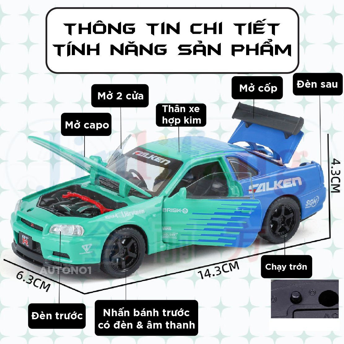 Mô hình xe Nissan GT-R R34 phiên bản racing full open tỉ lệ 1:32 JinliFang OT589