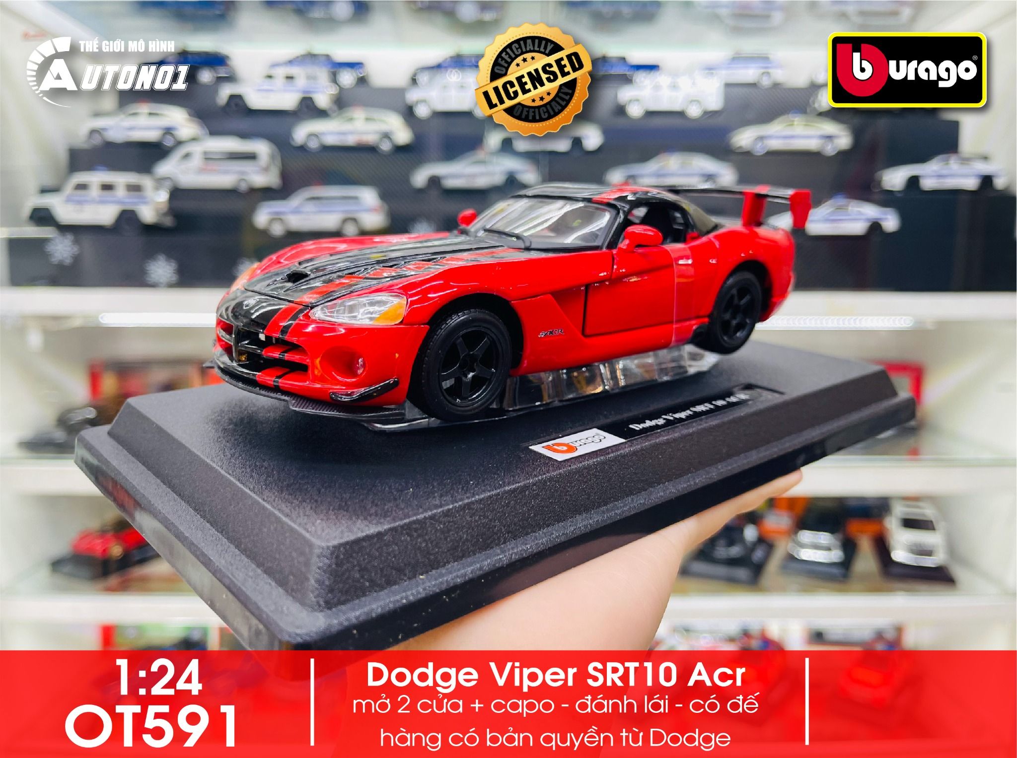 Mô hình xe Dodge Viper SRT10 Acr red black full open - đánh lái được tỉ lệ 1:24 Bburago OT591