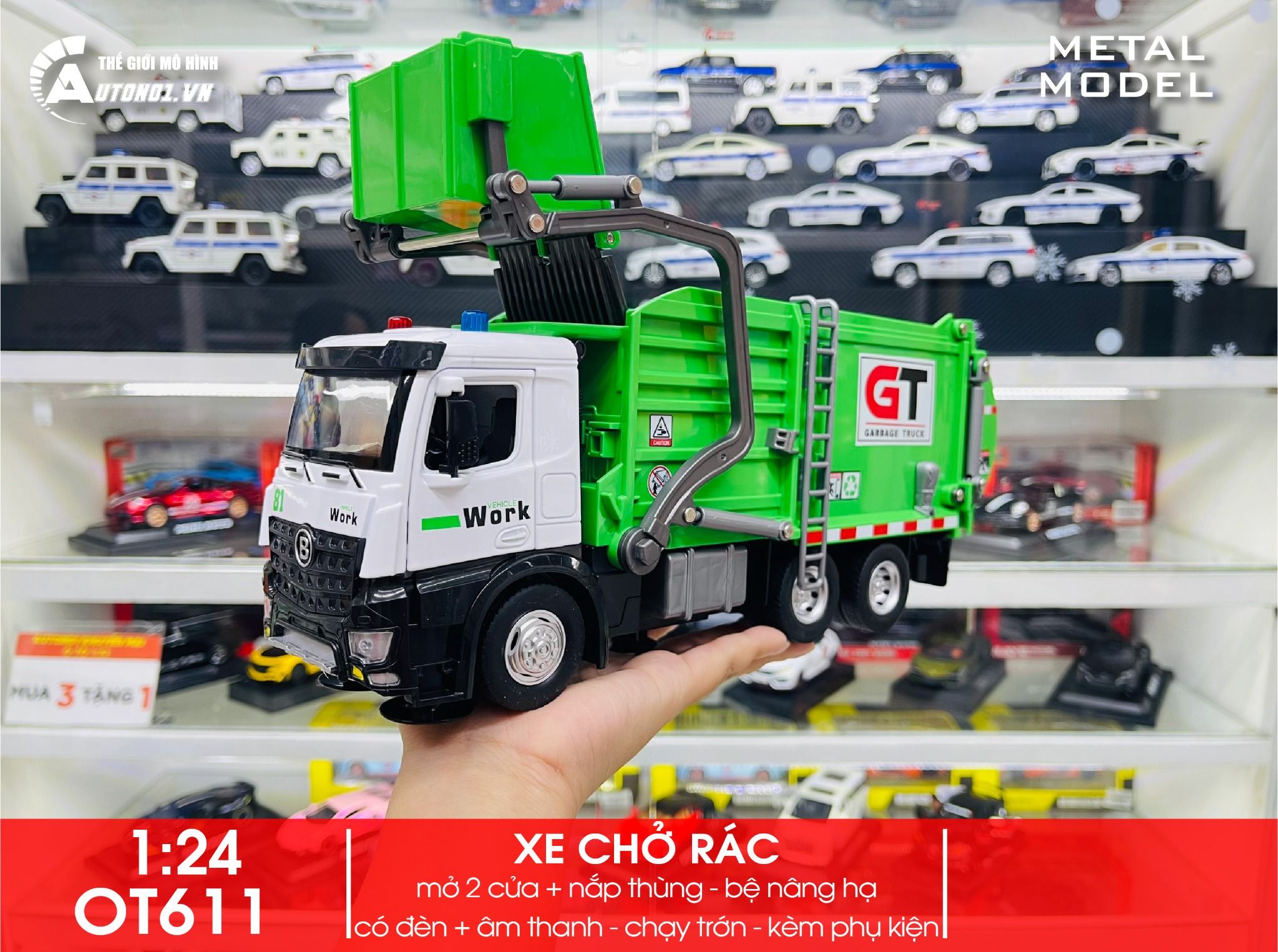 Mô hình xe chở rác chuyên dụng có thùng rác mini đi kèm tỉ lệ 1:24 Metal DieCast OT611