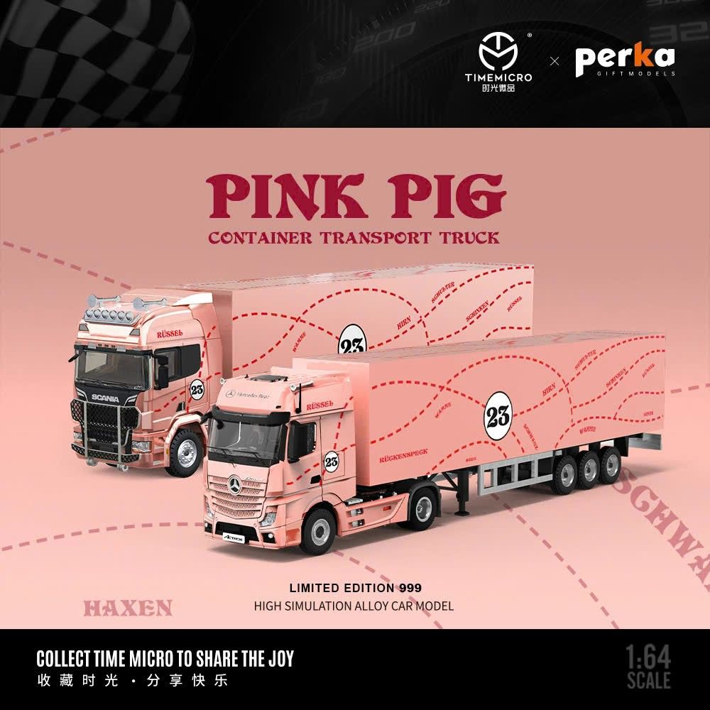 Mô hình xe container Mercedes-benz Actros - SCANIA Pink Pig có thùng rời tỉ lệ 1:64 Time micro TM646720