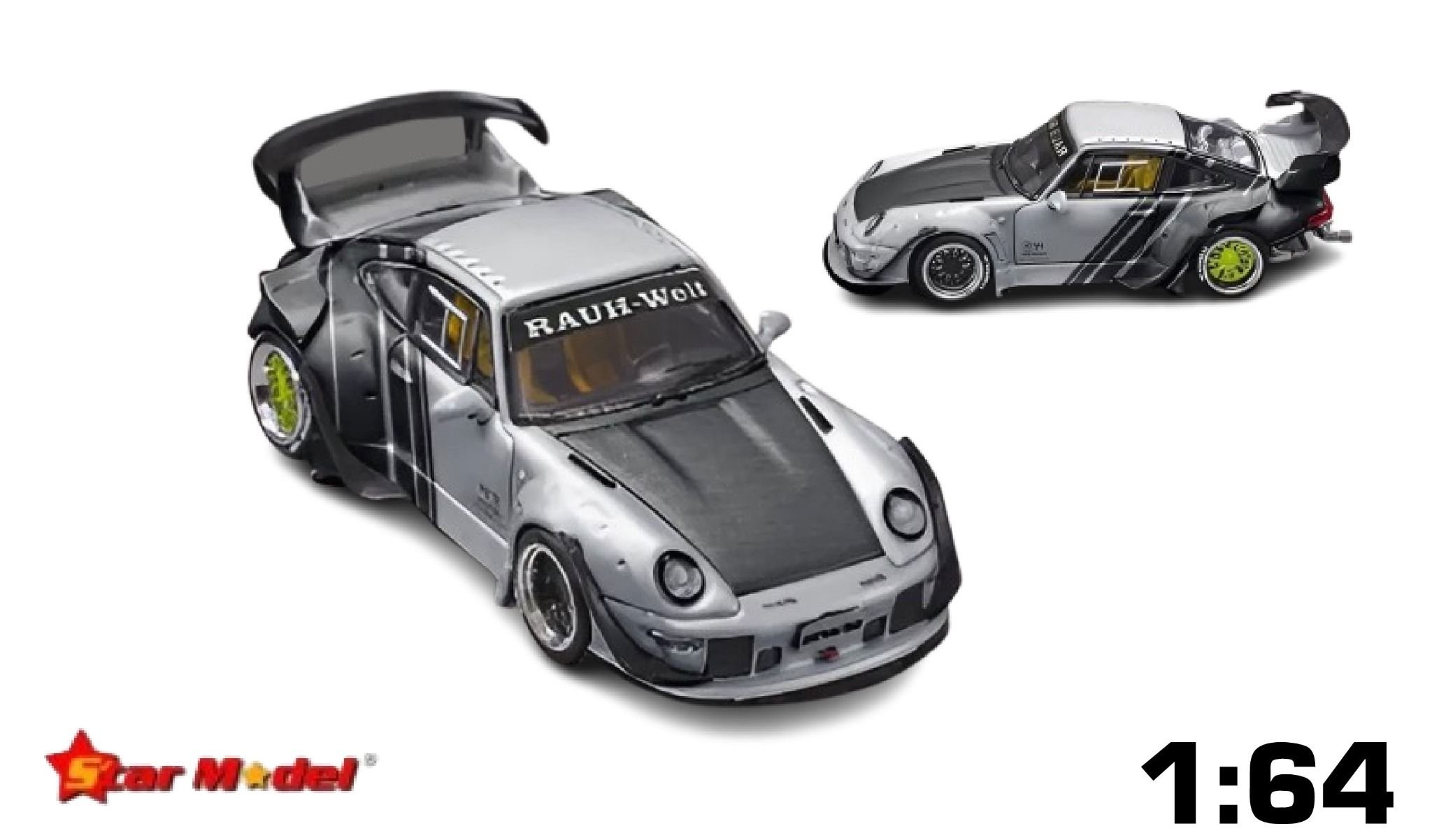 Mô hình xe Porsche Rauth Welt RWB 993 GT wipe body silver - carbon rear wing tỉ lệ 1:64 Star model OT64025