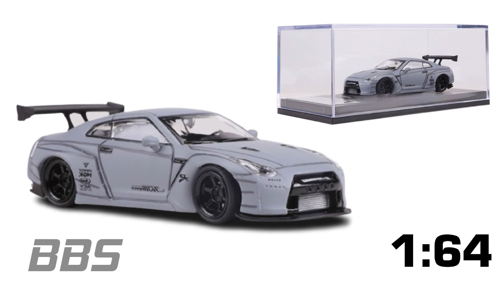 Mô hình xe Nissan GTR-R35 Rocket Pandem LBWK tỉ lệ 1:64 có đế và hộp mica BBS OT64029