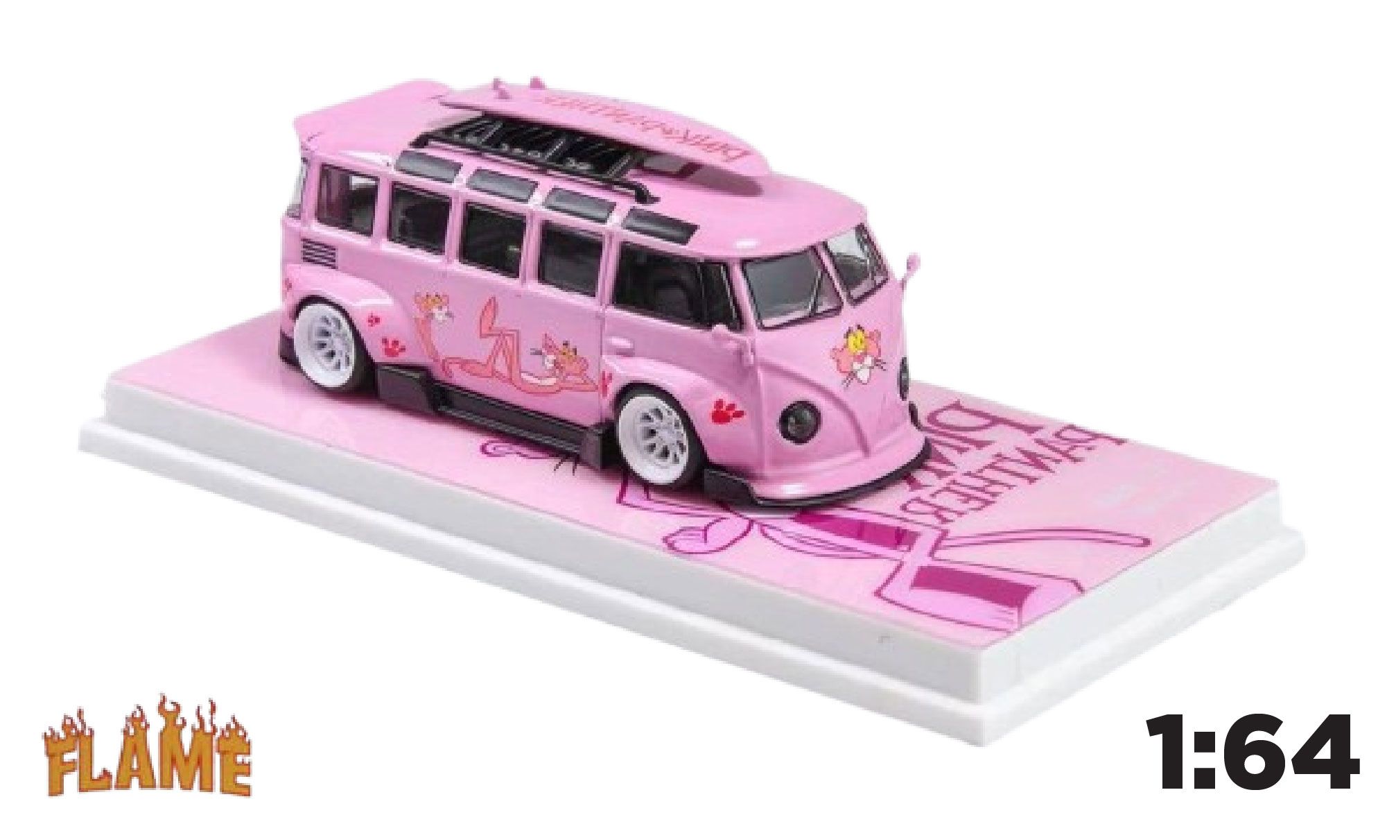 Mô hình xe Volkswagen T1 Van Kombi Pink - Pink Panther tỉ lệ 1:64 Flame Model OT64068