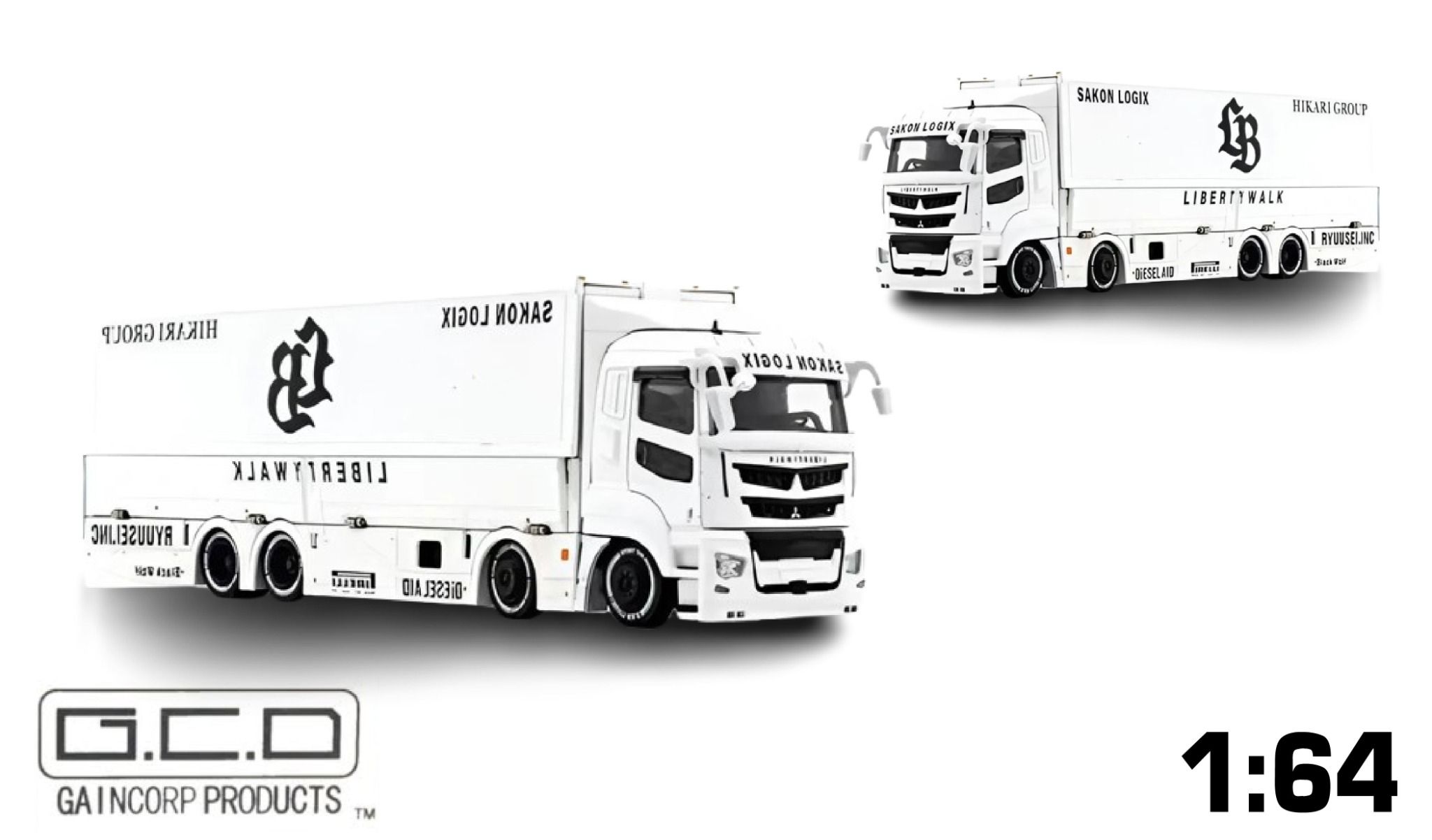 Mô hình xe Liberty Walk LB-Trucks Mitsubishi Fuso Super Great Transporter Sakon Logix – White tỉ lệ 1:64 GCD Models OT64189