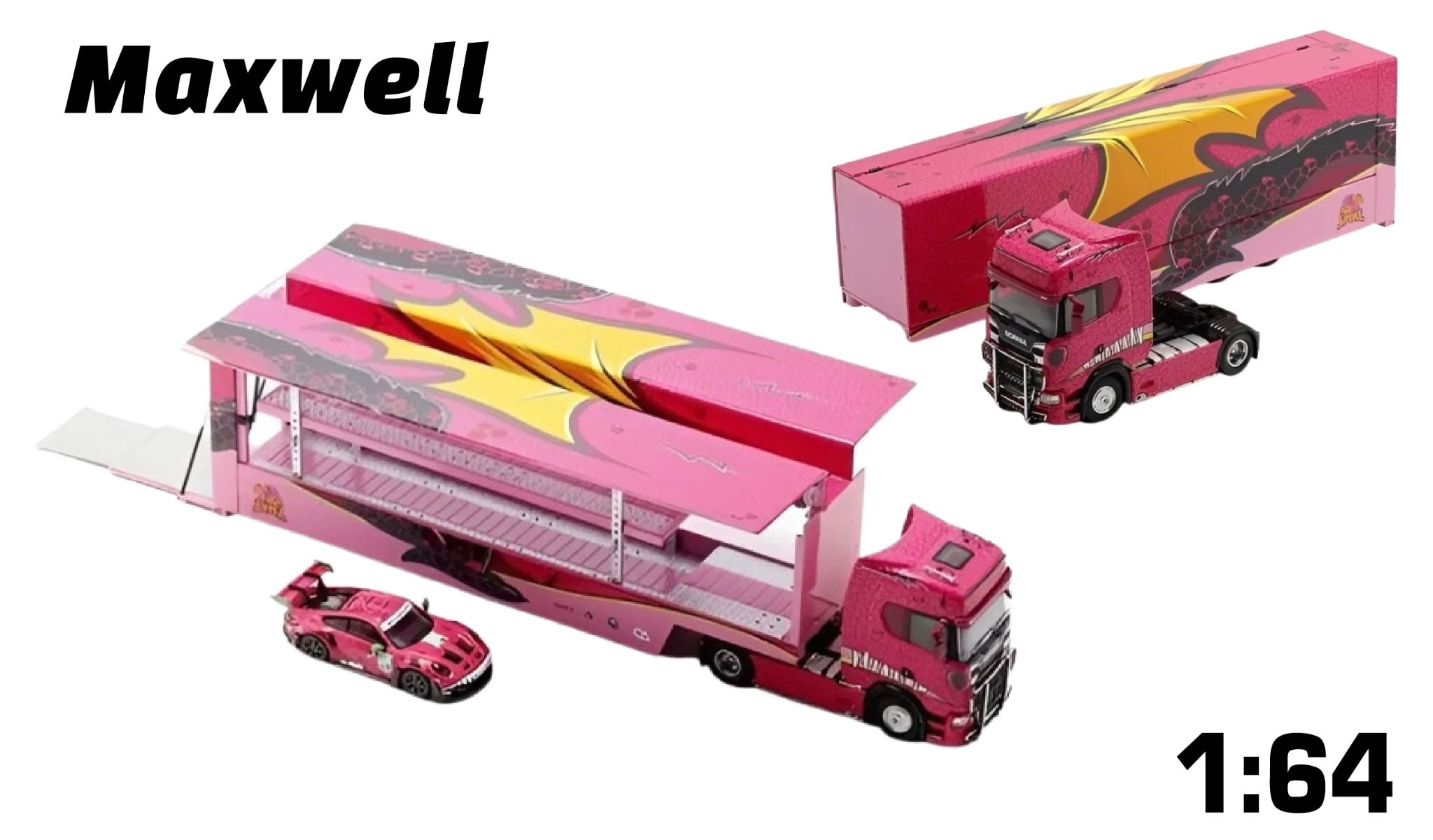 Mô hình xe Scania S730 V8 Double-Decker Closed Wing Transport Car Model Pink Roxy tỉ lệ 1:64 Maxwell OT64298