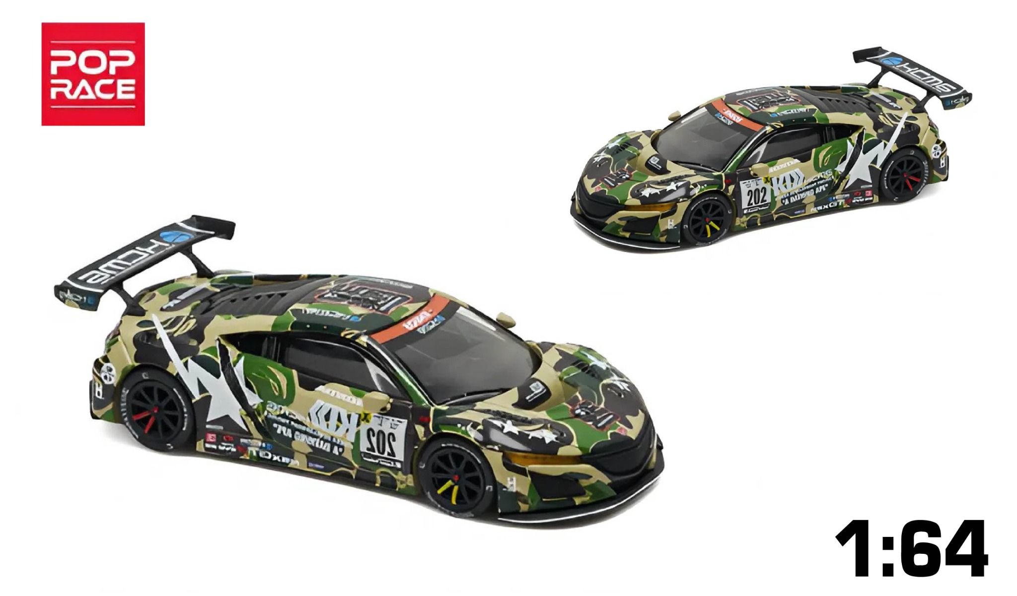 Mô hình xe Honda Acura NSX GT3 Bape hộp mica tỉ lệ 1:64 Poprace OT64299