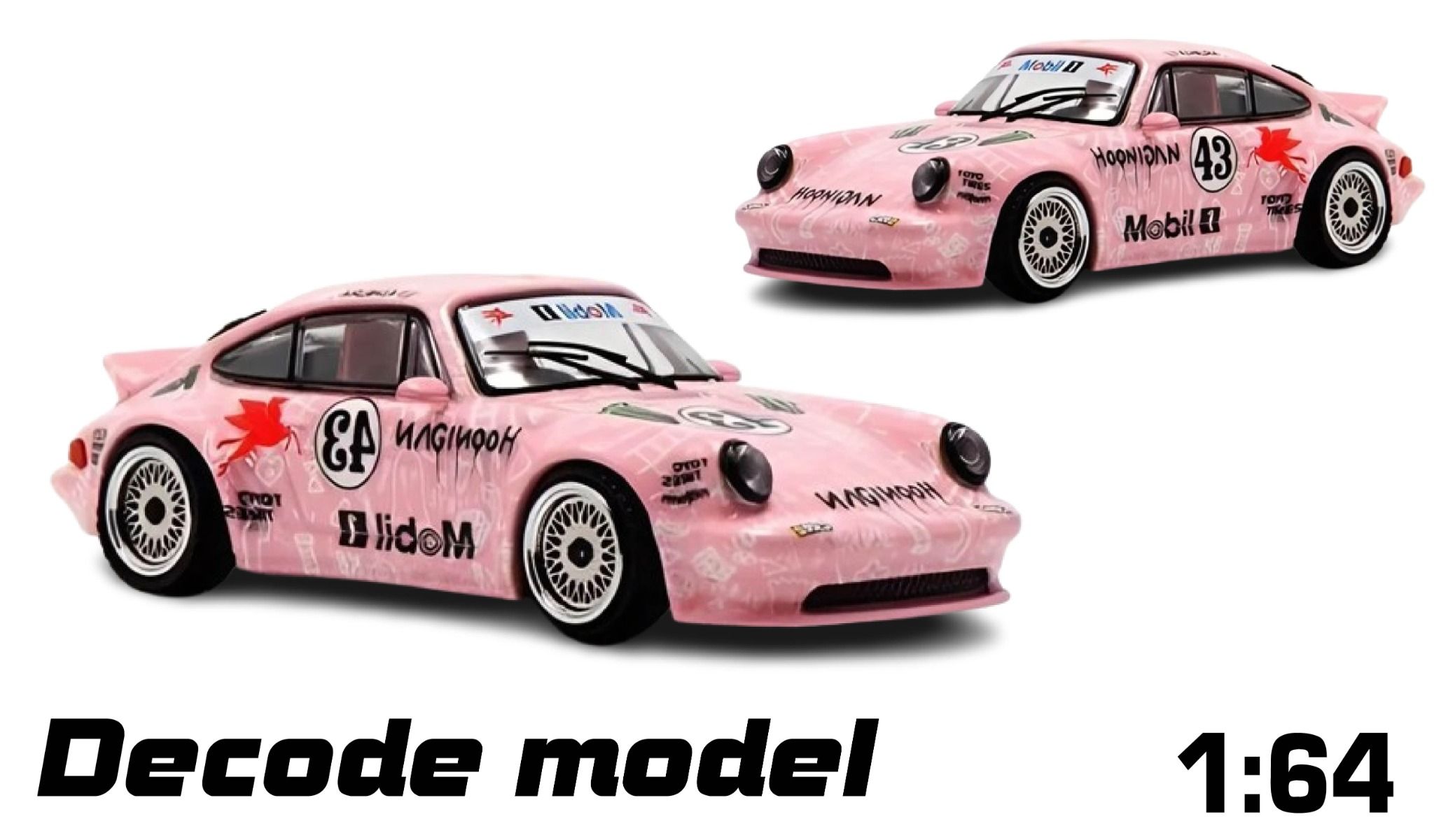 Mô hình xe Porsche 964 Singer RWB Rauht Welt Pig Pink No.43 HEC Hobby Expo China 2025 mở được nắp máy sau tỉ lệ 1:64 Decode OT64311