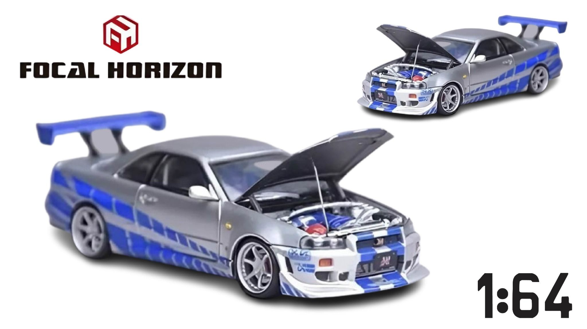 Mô hình xe Nissan Skyline GTR R34 Fast & Furious high tail mở được capo tỉ lệ 1:64 Focal Horizon OT64326