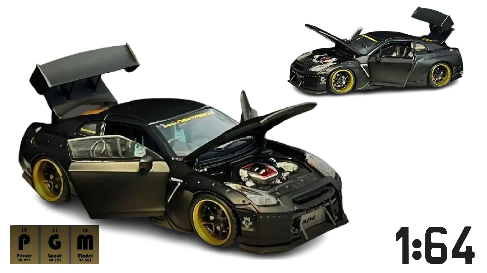 Mô hình xe cao cấp Nissan GTR R35 Rocket Pandem black full open Limited 999pcs tỉ lệ 1:64 PGM PGM-640702