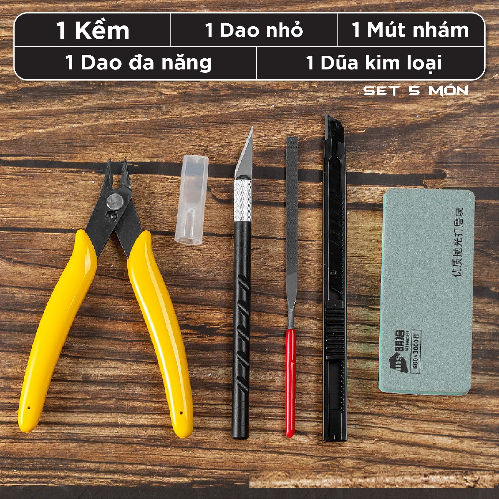 Bộ dụng cụ nhiều món kềm - dao - dũa - mút nhám cho mô hình các loại PK456