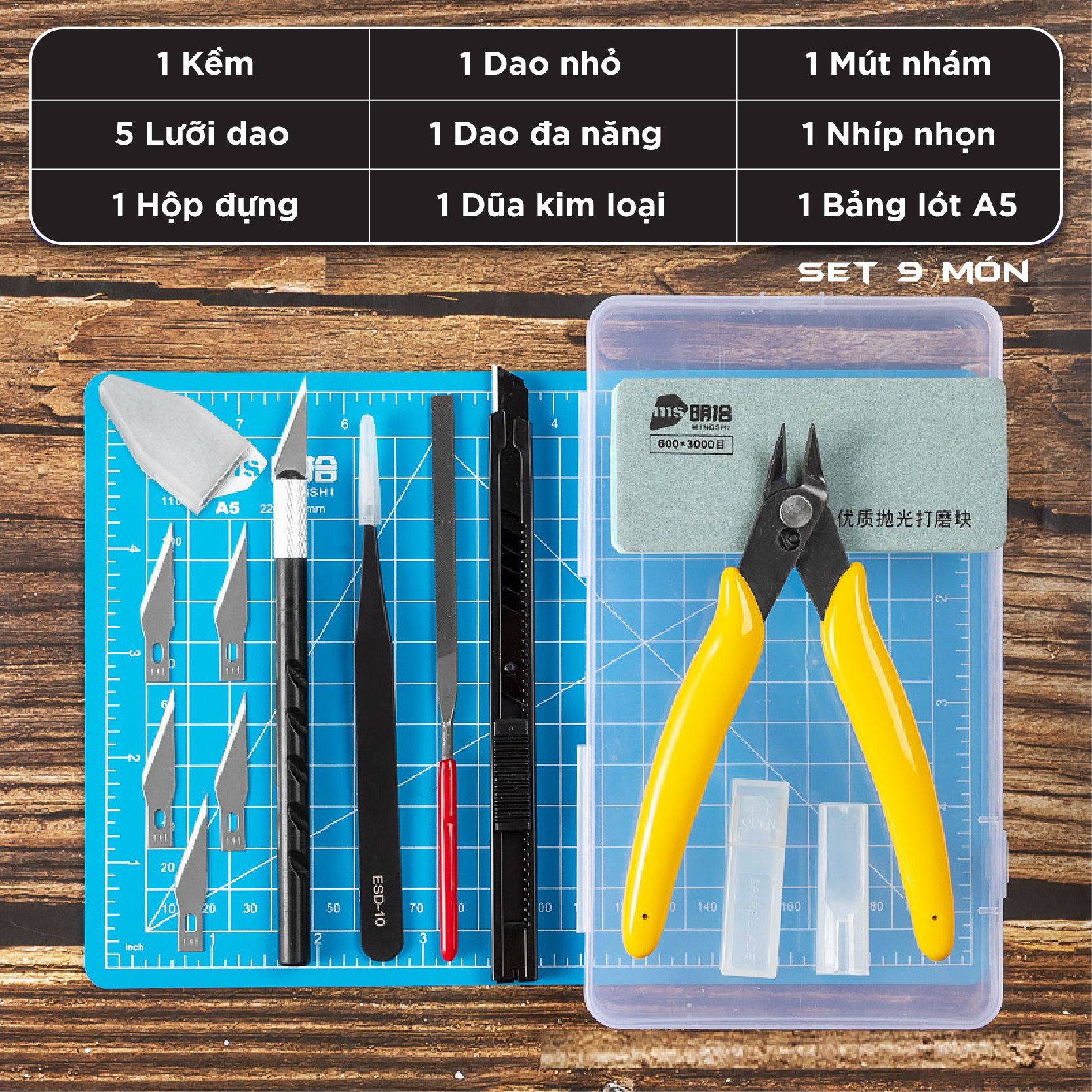 Bộ dụng cụ nhiều món kềm - dao - dũa - mút nhám cho mô hình các loại PK456