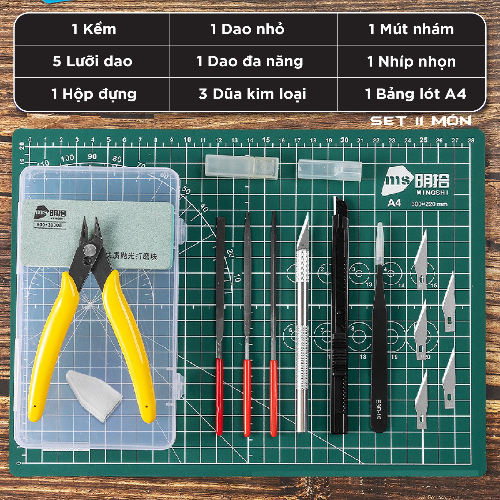 Bộ dụng cụ nhiều món kềm - dao - dũa - mút nhám cho mô hình các loại PK456
