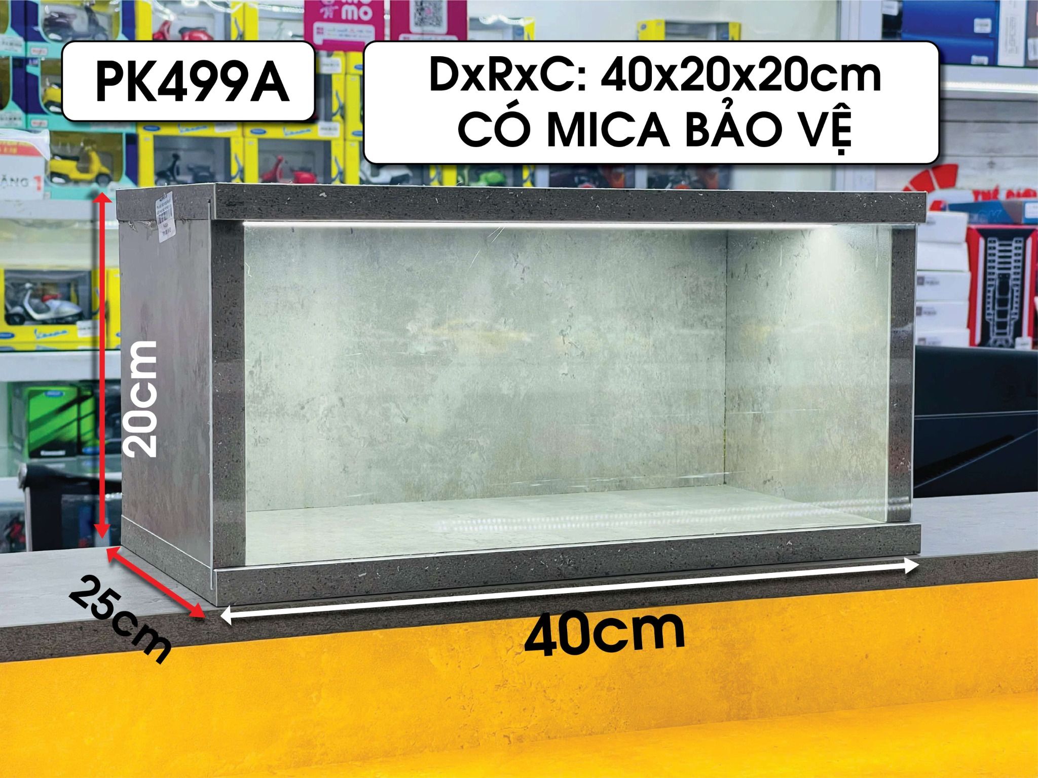 Phụ kiện hộp trưng bày gỗ MDF mica màu xi măng dày 18ly có đèn cho mô hình các thể loại PK499