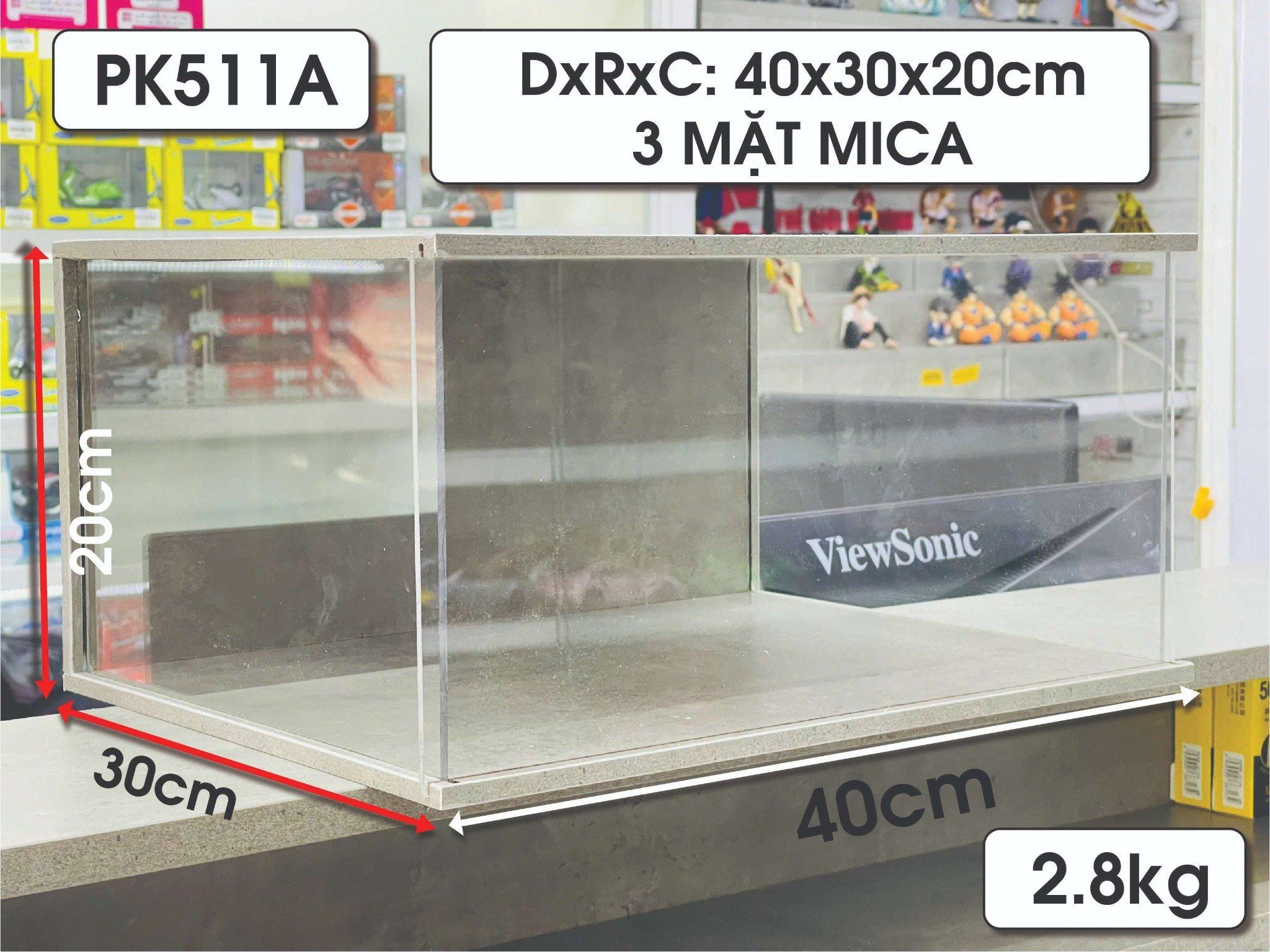 Phụ kiện hộp trưng bày gỗ MDF mica màu xi măng dày 8ly có 3 mặt mica cho mô hình tỉ lệ 1:64, 1:32 PK511