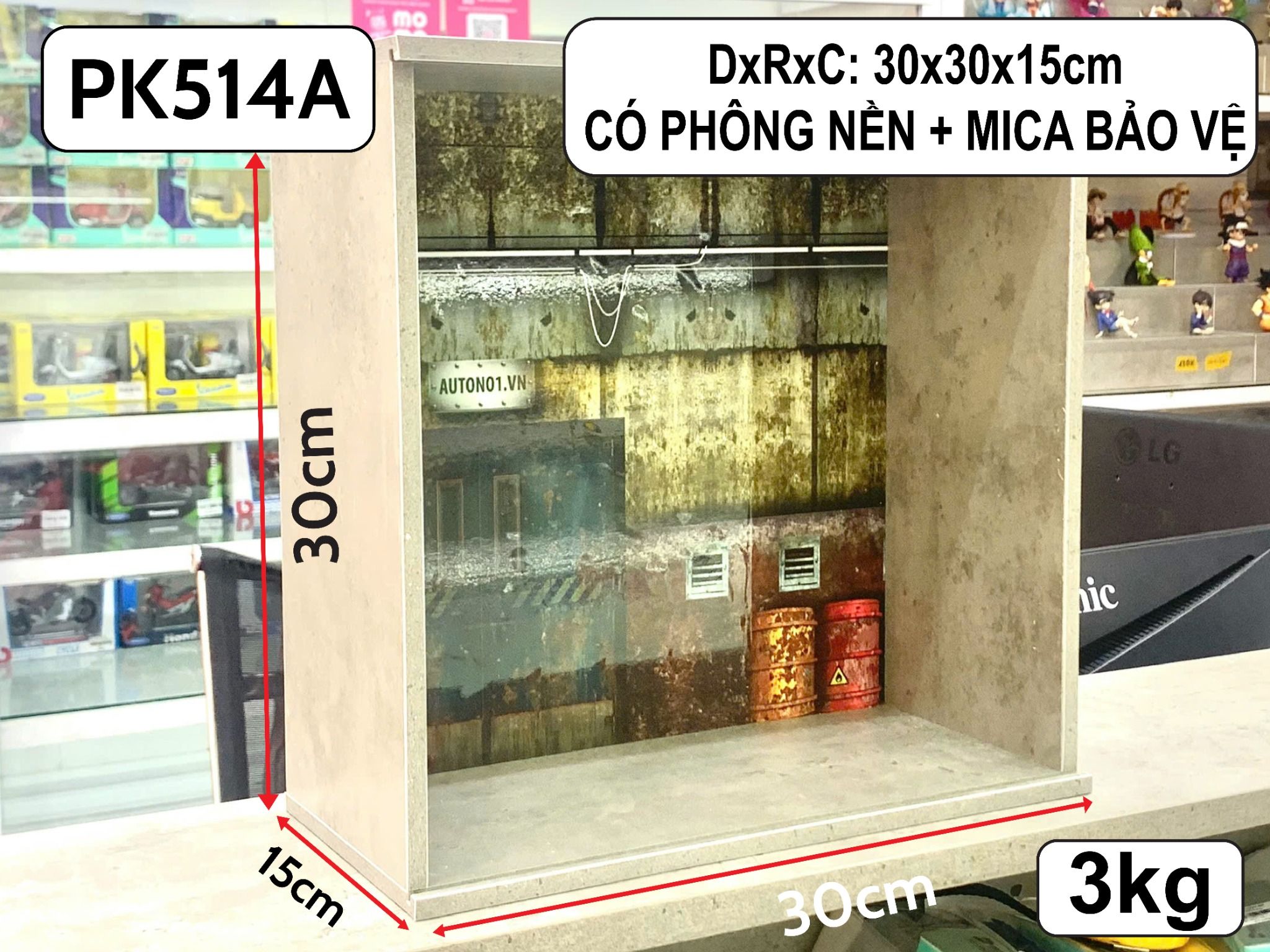 Phụ kiện hộp trưng bày gỗ MDF mica màu xi măng dày 8ly + mica + phông nền 30x30x15cm cho mô hình tỉ lệ 1:24, 1:32 PK514