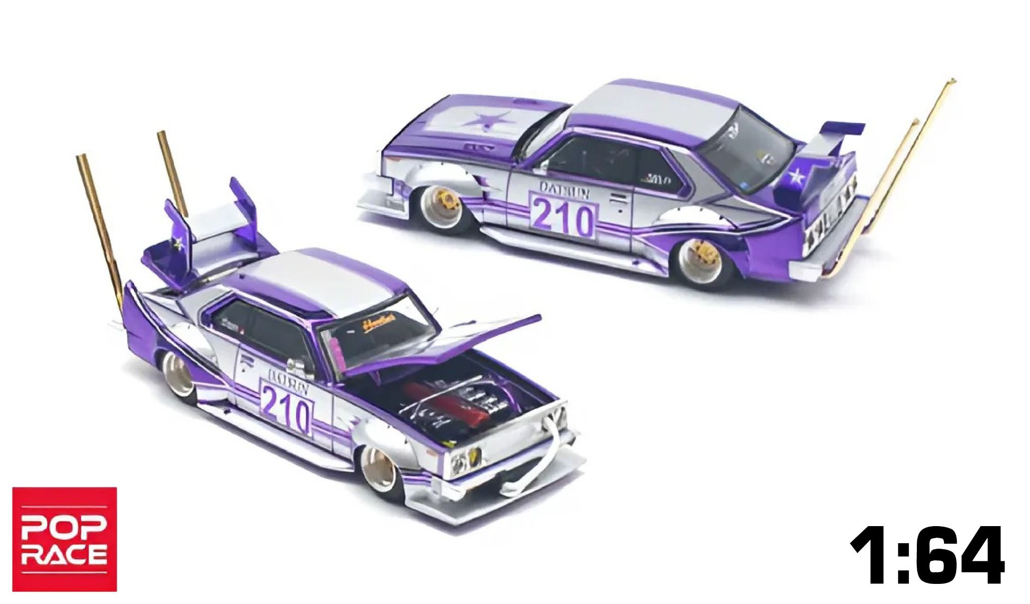 Mô hình xe Skyline C210 Kaido Racer Bosozoku Style Purple Chrome/Silver tỉ lệ 1:64 Poprace PR640107
