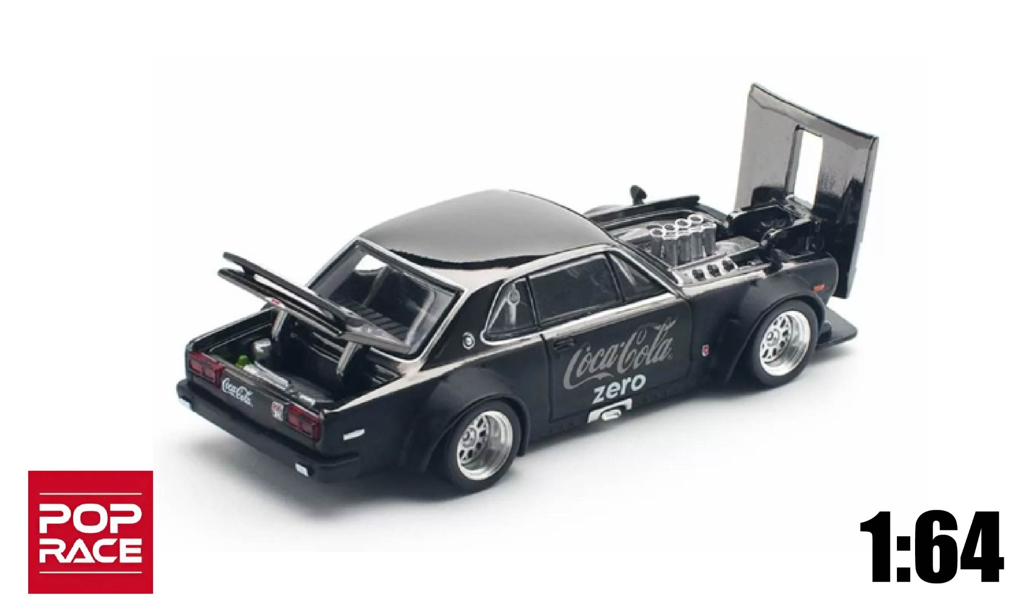 Mô hình xe Skyline GT-R V8 Drift (Hakosuka) Coca Cola Zero Black Chrome tỉ lệ 1:64 Poprace PR640144