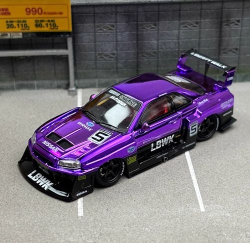 Mô hình xe Nissan Super Silhouette ER34 LBWK Chrome Purple #5 BRIDE Special Limited Edition 499pcs tỉ lệ 1:64 Street weapon OT64076