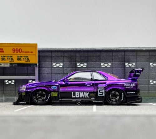 Mô hình xe Nissan Super Silhouette ER34 LBWK Chrome Purple #5 BRIDE Special Limited Edition 499pcs tỉ lệ 1:64 Street weapon OT64076