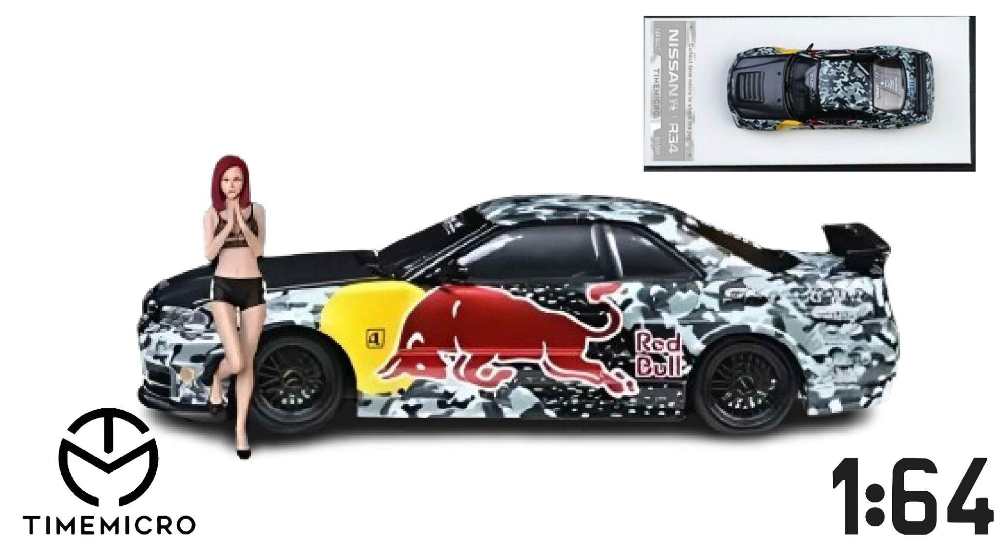Mô hình xe Nissan GTR R34 carbon fiber Red bull mở được capo tỉ lệ 1:64 Time microTM643434