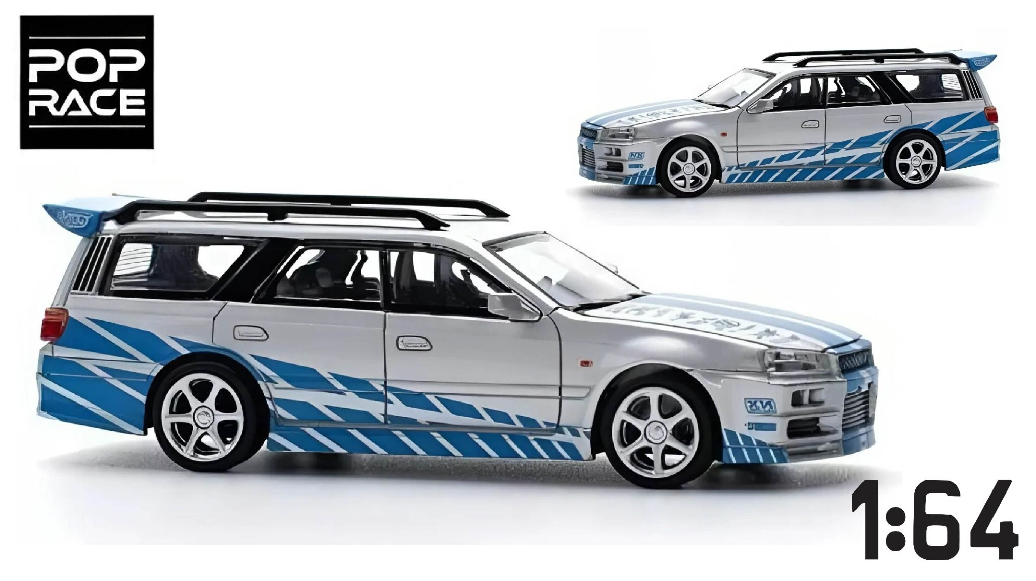 Mô hình xe Nissan Skyline GTR R34 Stagea Blue/silver mở capo tỉ lệ 1:64 Poprace PR640060