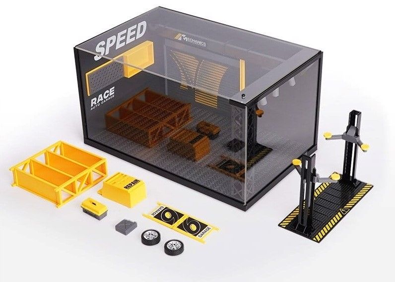 Hộp mica trưng bày diorama có phụ kiện gara, đèn led và cầu nâng xe cho ô tô 1:24 mô tô 1:12 kích thước 27x17.3x14.5cm DIY PK412